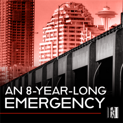 Black and red banner with an elevated roadway and skyscrapers in the background. Advertisement for an 8 Year Long Emergency podcast. 